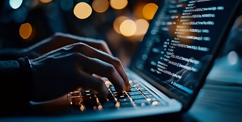 Fototapete - The internet of things IoT, digital technology, coding programmer working on laptop with Javascript code on virtual screen.