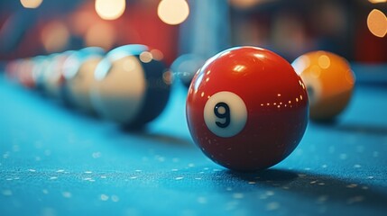 A red billiard ball numbered 9 takes center stage on a blue cloth-covered table. Surrounding it are out-of-focus balls of various colors. The dark blue cloth sets a unique tone.