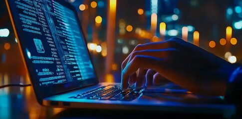 Poster - An expert in digital technology and data science programming on a laptop for managing and controlling data exchange through Stock.