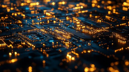 The illuminated circuit board is blue and gold in color