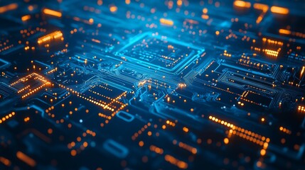 Illustration of a circuit board illuminated in blue and gold