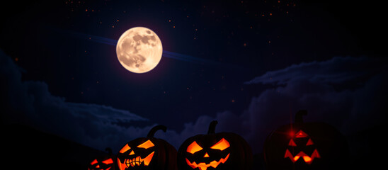 Poster - illuminated jack-o'-lanterns under a full moon