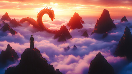 Wall Mural - Dragon dans la montagne au coucher du soleil, scène fantastique