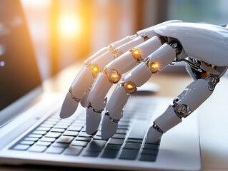 Fototapete - Spectacular close-up of a hand typing on a keyboard, illustrating machine learning and technology's capabilities.