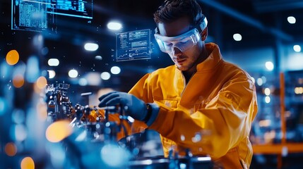 Leinwandbilder - The industrial engineer in hard hat is using futuristic holographic display technology to manage manufacturing operations in a factory environment.