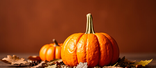 Wall Mural - single pumpkin with autumn leaves acorns