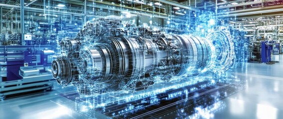 CAD software mock-up showing design of a green energy turbine engine in 3D. VFX template for PC and laptop screens. 3D rendering.