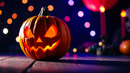 Wall Mural - lighted carved pumpkin glows on a wooden surface