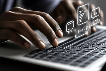 Fototapete - An American businesswoman uses a laptop computer to speak with a chatbot, stock technology supports customers online, software feedback targets audience automation, and stock generates data