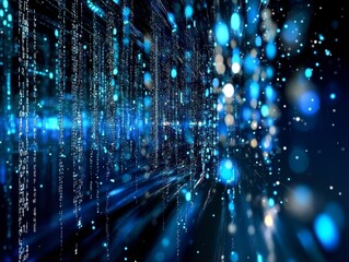 Aufkleber - A close-up of code on a computer screen with a digital blue overlay showing how data is secured or software is developed. Stock image.