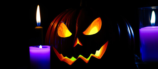 Poster - carved pumpkin purple candles glowing the dark