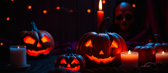 Poster - carved pumpkins illuminate a spooky halloween scene