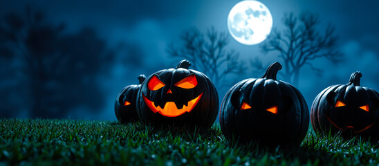 Poster - three glowing jack-o-lanterns sit a field on a moonlit night