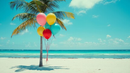 Wall Mural - Background with balloons on a beautiful beach for a summer party