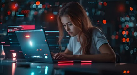 Focused Woman Working on Laptop with Futuristic Interface and Red Lights
