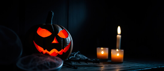 Poster - glowing jack-o-lantern casts an eerie glow on a wooden surface