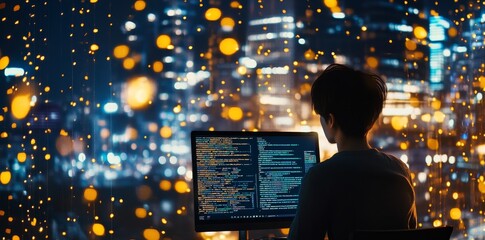 Software developer coding on a computer screen, surrounded by code.