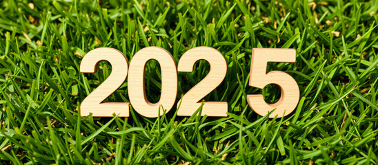 Sticker - wooden numbers 2025 resting on green grass