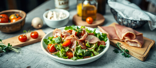 Poster - fresh salad with cured meat cherry tomatoes lettuce