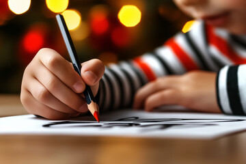 Child drawing with pencil, focused, blurred background with warm holiday lights, striped sweater adds cheerful touch to creative scene. Concept: Festive childhood creativity.