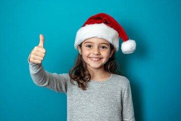 An excited teen lady wearing a stylish red Christmas garment on a blue background capturing the spirit of winter holidays