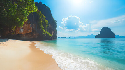 A scenic view of a tropical beach with towering cliffs, clear blue water, and a bright sky.