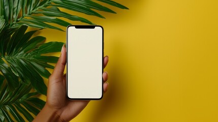 Sticker - In this photograph, a hand is holding a smartphone with a blank screen and green leaves against a yellow background