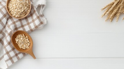 Wall Mural - A bowl and wooden spoon filled with rolled oats are on a checkered cloth with wheat stalks to the right on a white wooden background.