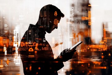 Leinwandbilder - Using a smart phone, the businessman controls an automatic wireless robot and monitors his system using an industry network connection on a tablet. Stock, robotics, and Industry 4.0 are concepts that