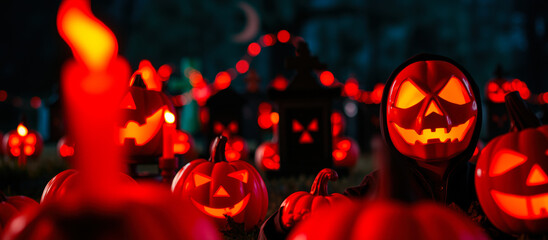 Canvas Print - glowing jack-o'-lantern smiles amidst a crowd pumpkins