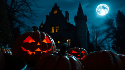 Canvas Print - jack-o'-lanterns glow spookily before a shadowy house