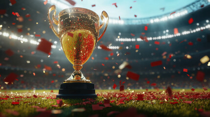 Champion football cup on the grass under the blinding lights of the stadium, with red and gold confetti flying through the air, marking a historic tournament win.