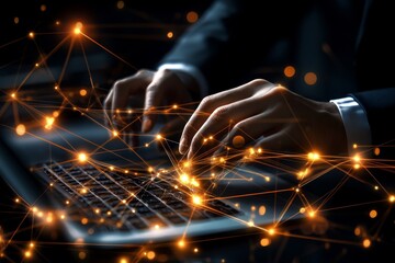 Aufkleber - Man using laptop computer with futuristic digital technology background, data exchange between digital platforms, big data, internet network connections