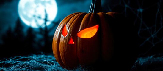 Poster - glowing pumpkin amidst a dark forest