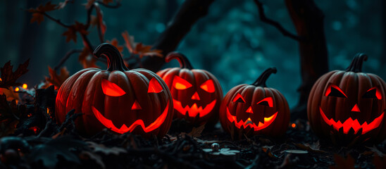 Poster - glowing jack-o'-lanterns a dark forest