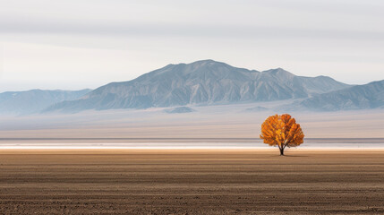 solitary tree stands out against vast landscape, showcasing its vibrant orange foliage amidst muted backdrop of mountains and flat terrain. This serene scene evokes sense of tranquility and