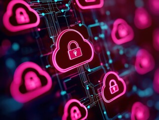 Fototapete - Neon cloud security symbols on digital background