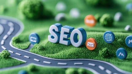 SEO journey concept with digital map symbols and road on a miniature green landscape