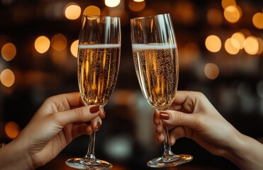 Concept for holiday, wedding, Valentine's Day, Christmas, and New Year, two glasses with champagne wine in hand, bokeh, in restaurant and cafe