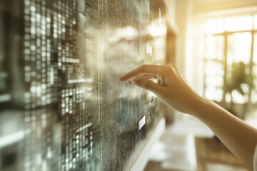 A hand reaching for a holographic computer screen with data and programming code