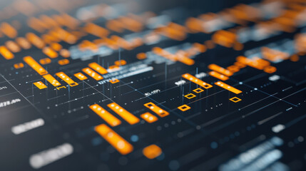 Digital financial technology visualization with data analytics and graphs showcasing trends and metrics. vibrant orange elements highlight key information in modern interface
