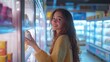 © Prostock-studio - A young woman stands in a grocery store freezer aisle with vibrant lighting. She smiles while choosing an ice cream, exuding happiness and excitement in a lively atmosphere.