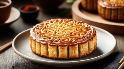 Wall Mural - A close-up of a traditional mooncake with intricate designs on a plate. The background includes another mooncake and utensils on a wooden surface.