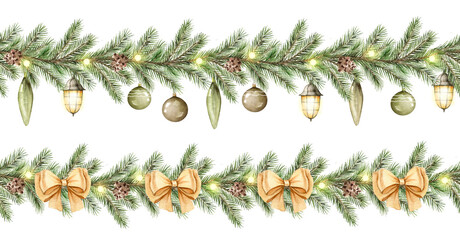 Wall Mural - Watercolor decorative seamless border. Christmas garland with  lights, beige bows, green branches and lanterns. 