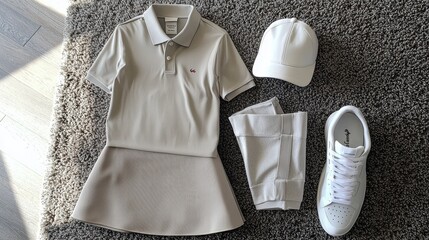 Stylish Beige Golf Attire with Polo, Skirt, Cap, and Sneakers on Gray Carpet