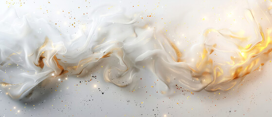 Shiny, glowing background with white swirl of smoke, golden dust, shimmer, particles. Steam effect. Smoky mockup for celebrating. Generative ai