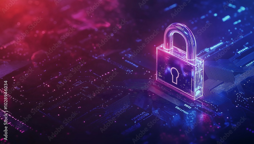 Cyber security concept with illuminated lock on electronic motherboard ...