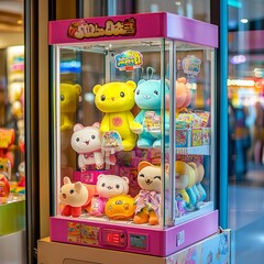 Colorful arcade game toy claw crane machine where people can win toys and other prizes which is located in the shopping mall,Kuala Lumpur.