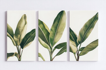 Wall Mural - Oil paintings artwork, floral spring summer triptych, green tropical leaves