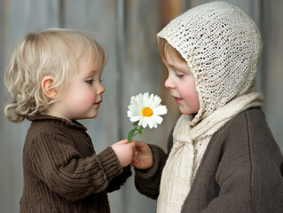 Two children sharing moment, with one offering flower to other, showcasing innocence and friendship